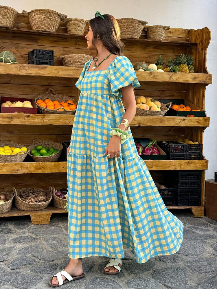Flora Isola Flora Isola Women's Plaid Square Neck Puff Sleeve Maxi Dress,Retro Bohemian Style Blu... | SHEIN