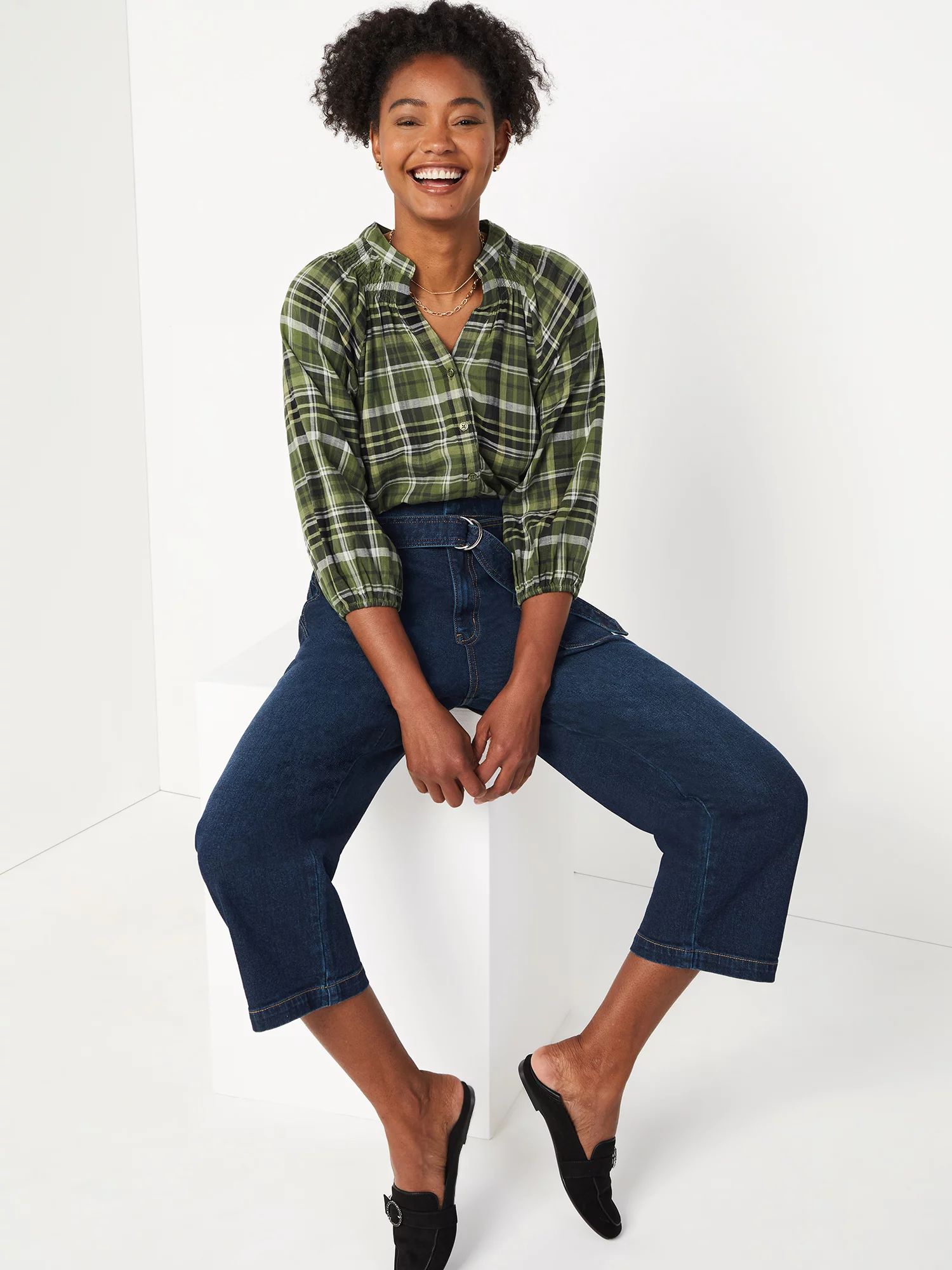 Time and Tru Women's Button Down Top with Puff Sleeves | Walmart (US)