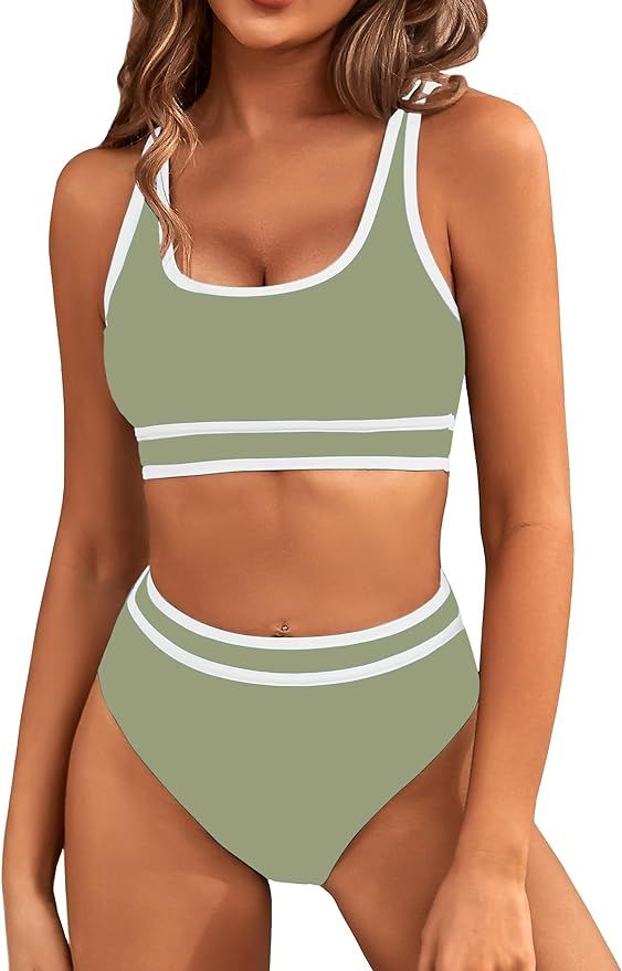 BMJL Women's High Waisted Bikini Sets Sporty Two Piece Swimsuits Color Block Cheeky High Cut Bath... | Amazon (US)