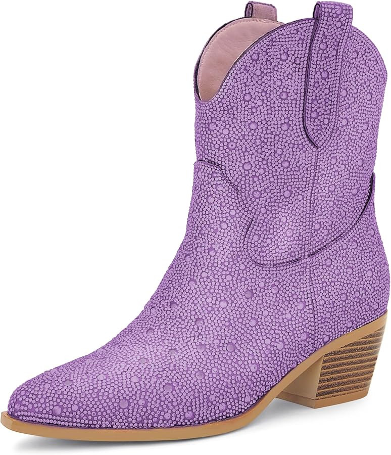 Short Cowgirl Boots for Women Embroidered Cowboy Ankle Boots,Pointed Toe Low Chunky Heel Pull On ... | Amazon (US)