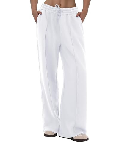 CAMPSNAIL Wide Leg Sweatpants Women - Baggy High Waisted Straight Leg Loose Sweat Pants with Chic Seams Drawstring Pockets White | Amazon (US)