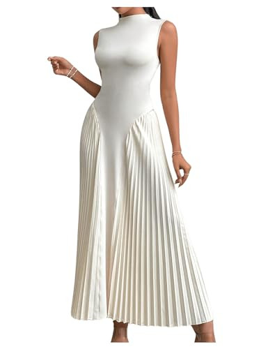 SOLY HUX Women's Maxi Dress Sleeveless Pleated A Line Mock Neck Flowy Long Dresses Plain Apricot X-Small | Amazon (US)