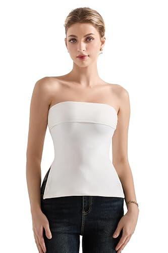 SUUKSESS Women Double Lined Going Out Trendy Tube Tops Side Split Sexy Strapless Tanktops (White,L) | Amazon (US)