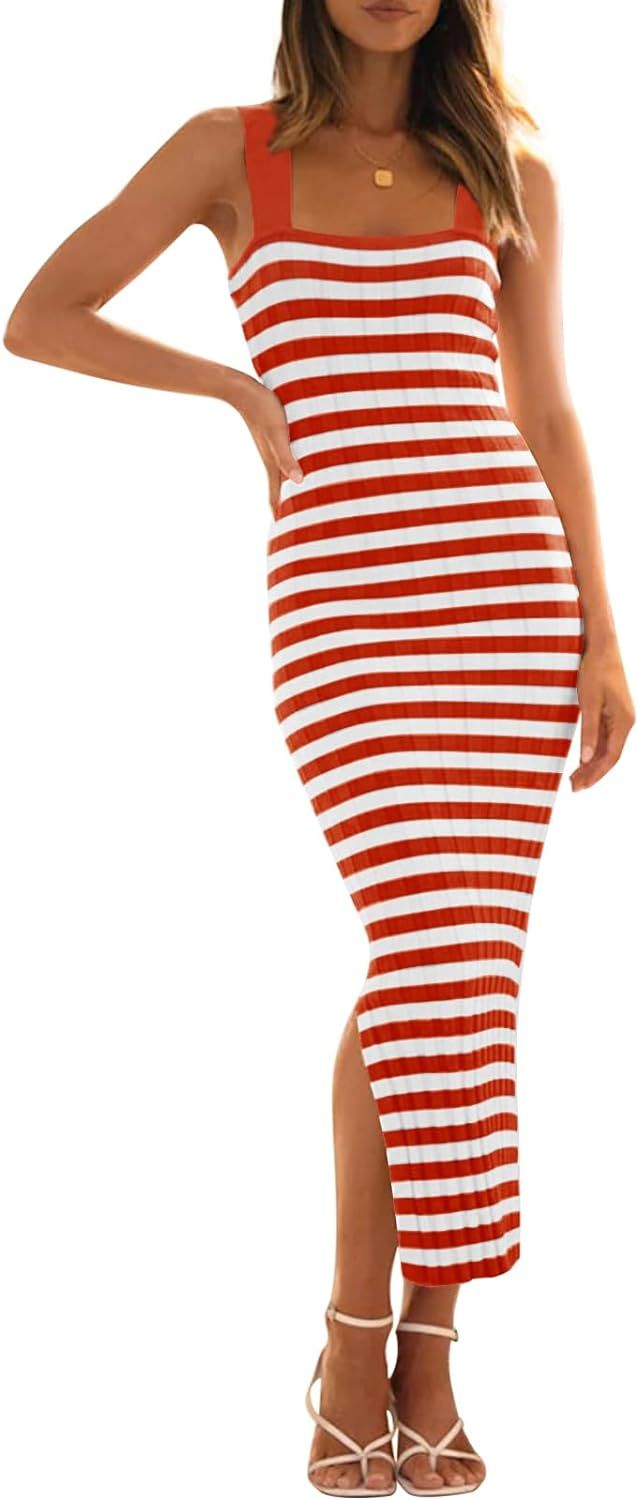 MEROKEETY Women's Sleeveless Striped Knit Bodycon Midi Dress Square Neck Side Slit Tank Ribbed Sw... | Amazon (US)