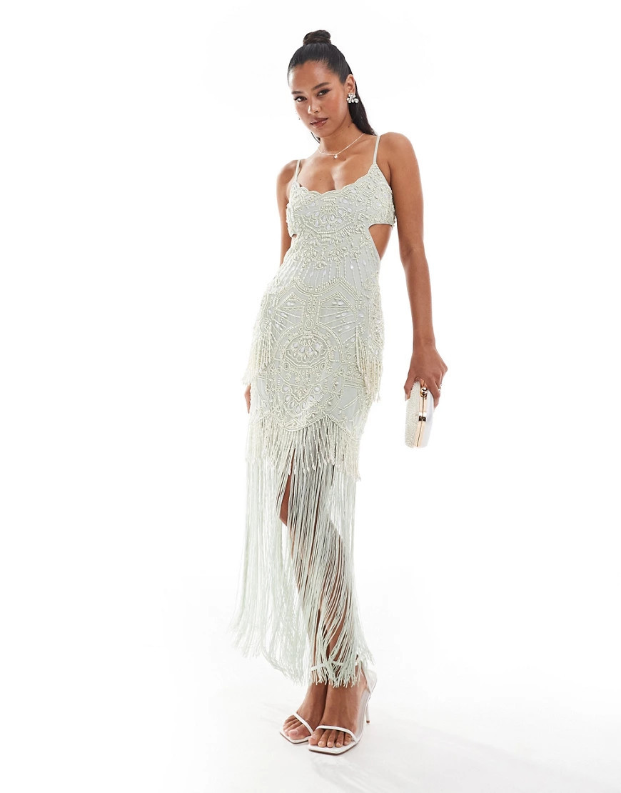 ASOS DESIGN cut out fringe maxi dress with beaded embellishment in sage green | ASOS (Global)