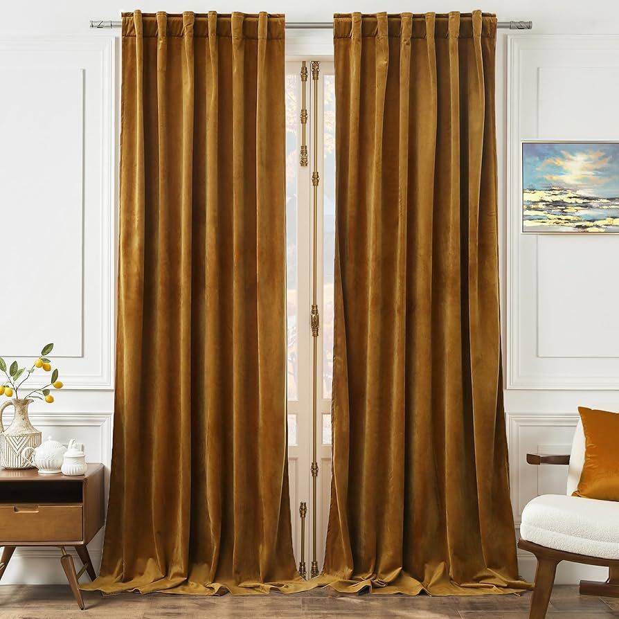 Timeper Velvet Curtains 84 inches - Retro Heavy Gold Blackout Velvet Curtains Drapes with Rod Poc... | Amazon (US)