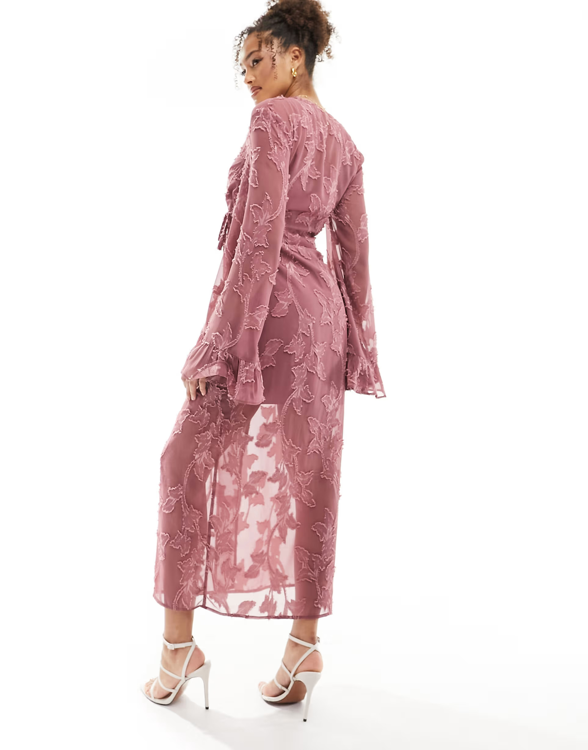 ASOS DESIGN burnout floral wrap midi dress with flared sleeves in dark rose | ASOS (Global)