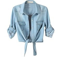 Omoone Women's 3/4 Sleeve Denim Crop Top Tie Knot Shirt Cardigan | Amazon (US)