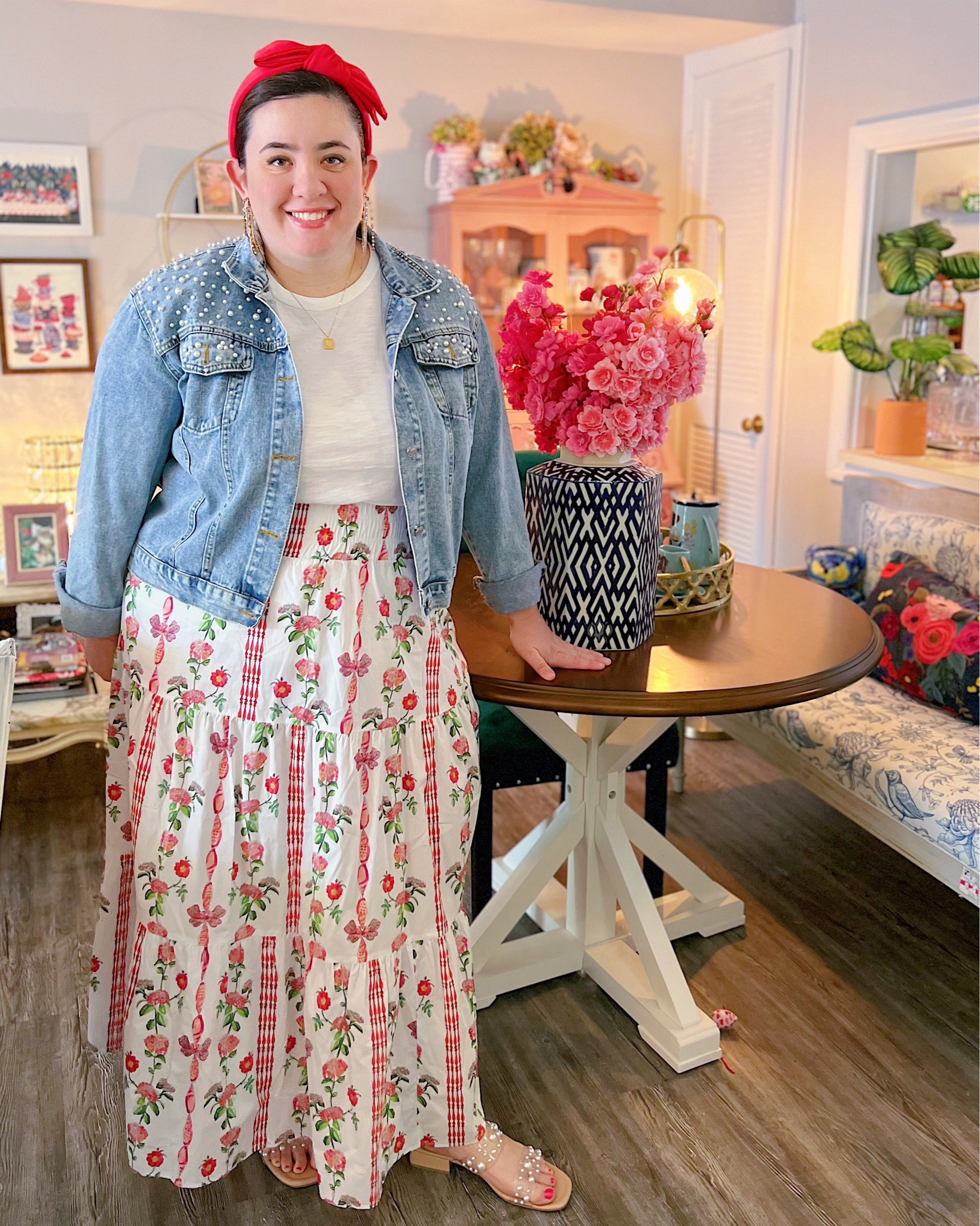 Preppy summer outfit, cottagecore outfit, maxi skirt, pearl embellished denim jacket, elevated casual outfit, red white and blue outfit 

#LTKSeasonal #LTKhome #LTKFind