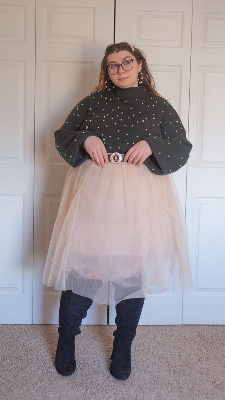 Plus size pearl sweater tulle skirt pink and black over the knee boots

#LTKSeasonal #LTKcurves #LTKstyletip