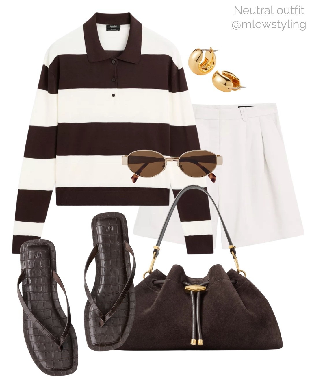 Summer outfit with a striped rugby polo 🤎

Tags: pleated white shorts, new-in Zara, massimo dutti polo sweater, H&M flip flop sandals, Celine sunglasses, Jenny bird hoop earrings, brown suede Jimmy choo cinch bag, neutral aesthetic, fall transitional outfit 

#LTKShoeCrush #LTKItBag #LTKStyleTip