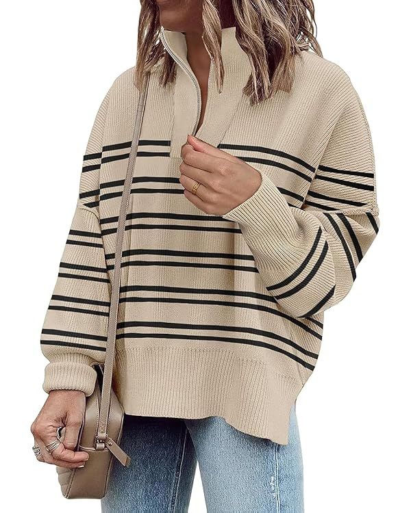 Womens Sweaters Casual Zipper Neck Knit Tops Batwing Sleeve Oversized Sweatshirt Stripes Pullover... | Amazon (US)