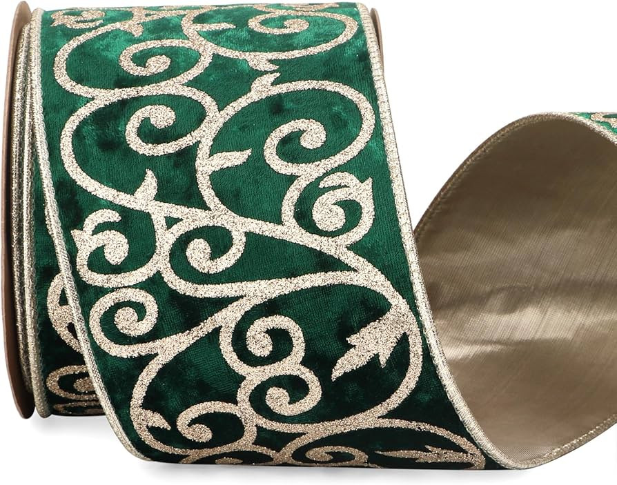 Ribbli Forest Green Velvet Ribbon Wired with Glitter Swirl 4 Inch Christmas Ribbon for Christmas ... | Amazon (US)