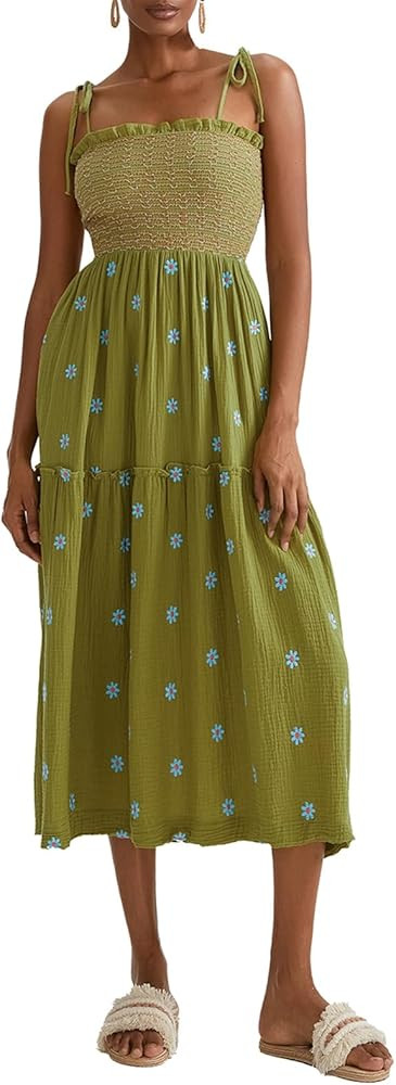 Womens Summer Spaghetti Strap Boho Maxi Dress Bohemian Low Cut Backless Midi Dress Embroidery Hig... | Amazon (US)