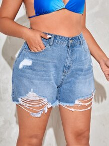 Plus Ripped Raw Hem Denim Shorts SKU: sf2204065110596601(100+ Reviews)Cotton$14.49Make 4 payments... | SHEIN