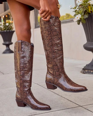 Kelis Embossed Snake Print Vegan Leather Western Boots Brown Snake / 9 | VICI