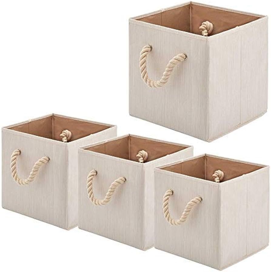 BeigeSwan Foldable Bamboo Fabric Storage Bins [Set of 4] with Cotton Rope Handles, Collapsible Or... | Amazon (US)