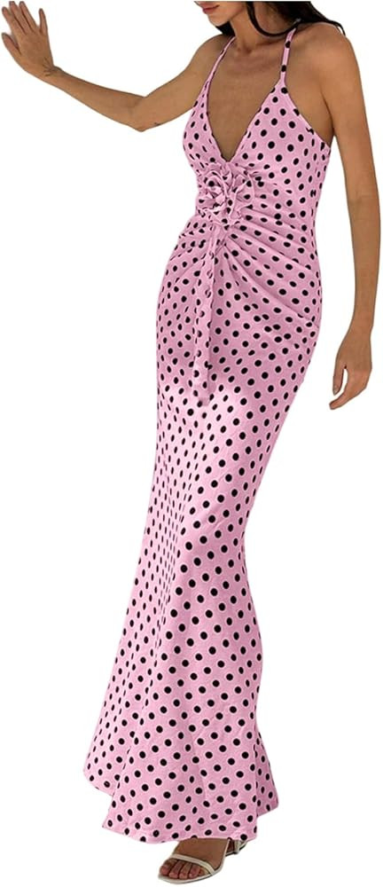 Verdusa Women's 3D Floral Polka Dots Maxi Dress Vintage Criss Cross Fishtail Cami Dresses | Amazon (US)