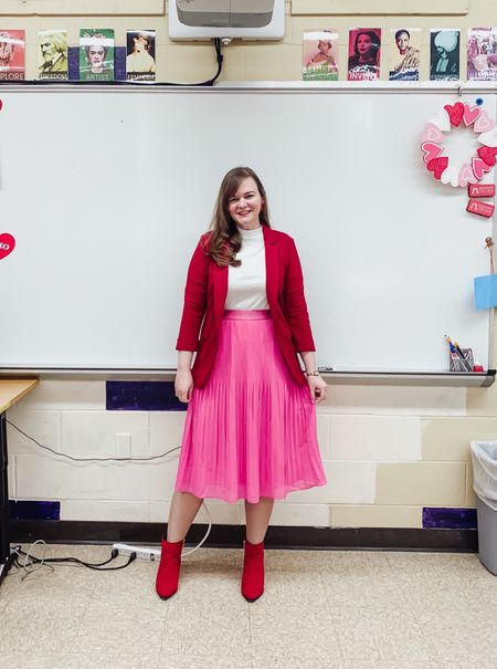 Red blazer and boots 
Pink pleated skirt 
Valentine’s Day outfit 
Shimmer tights - wearing “light toast” color

#LTKworkwear #LTKshoecrush #LTKstyletip