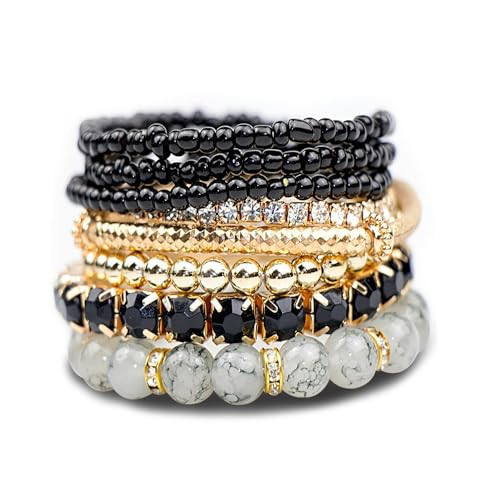 Stackable MultiLayer Bohemian Crystal Bead Bracelets Set for Women Handmade Colorful Gold Beads Natural Stone String Stretch Bangles Friendship Holiday Beach Anklets Jewelry 8 Pieces-Black | Amazon (US)