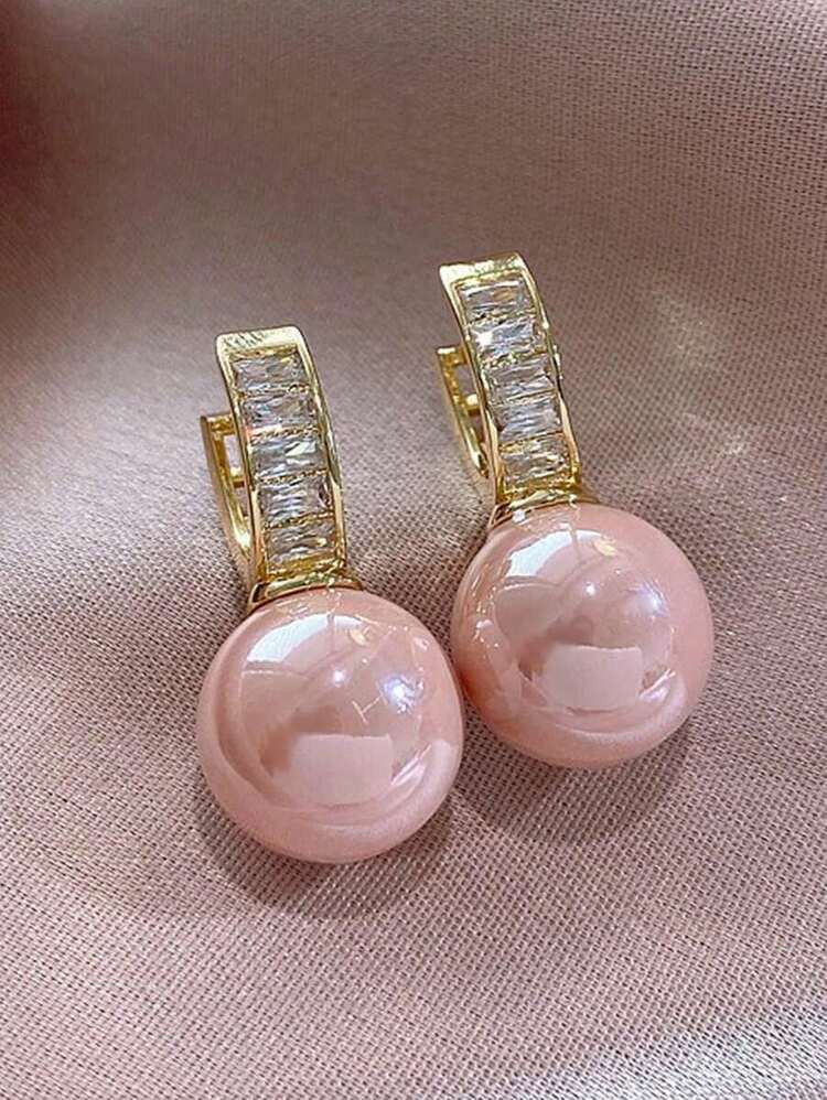1pair Fashionable Pink Bead Rhinestone Decor Hoop Earrings For Women For Party | SHEIN