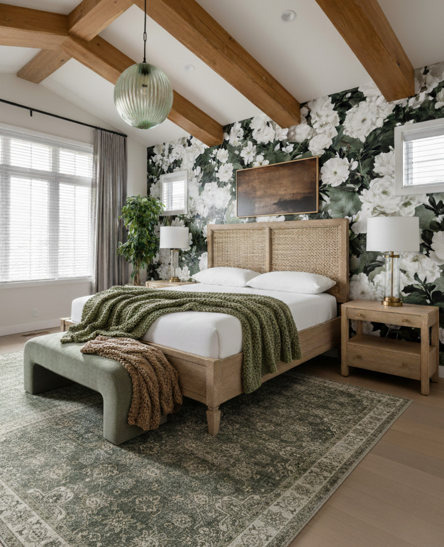 A cozy, nature inspired bedroom with a rich blend of texture, pattern, and soft earthy tones. The floral wallpaper sets the mood with deep green leaves and creamy white blooms, creating a bold backdrop that still feels calming. The light oak bed frame with its woven rattan headboard adds warmth and organic texture, paired with crisp white bedding that keeps the room feeling fresh and airy.

At the foot of the bed, the sage green upholstered bench introduces a soft muted color that ties into the tones of the rug and wallpaper. Layered over the bed, the chunky knit throw in olive green and a second knit throw in warm camel add depth and a cozy lived in touch.

The area rug anchors the space with its muted green palette and vintage inspired pattern, adding both softness and character. On each side of the bed, the light oak nightstands complement the frame while the white drum lamps with brass bases bring in a clean but elegant contrast.

Overhead, the ribbed glass pendant in soft green picks up the natural palette and adds an artistic glow, harmonizing with the wood beams and greenery in the corner.

Shop the look:
Floral green and white wallpaper | Light oak rattan bed frame | White bedding | Sage green bench | Olive knit throw | Camel knit throw | Green vintage rug | Light oak nightstands | White and brass table lamps | Ribbed green glass pendant | Indoor tree 

Black Friday 

 #LTKStyleTip

#LTKCyberWeek #LTKSaleAlert #LTKHome