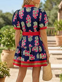 Wenrine Womens Summer Floral Mini Dress Puff Short Sleeve V Neck Button Down Casual Loose Boho Be... | Amazon (US)