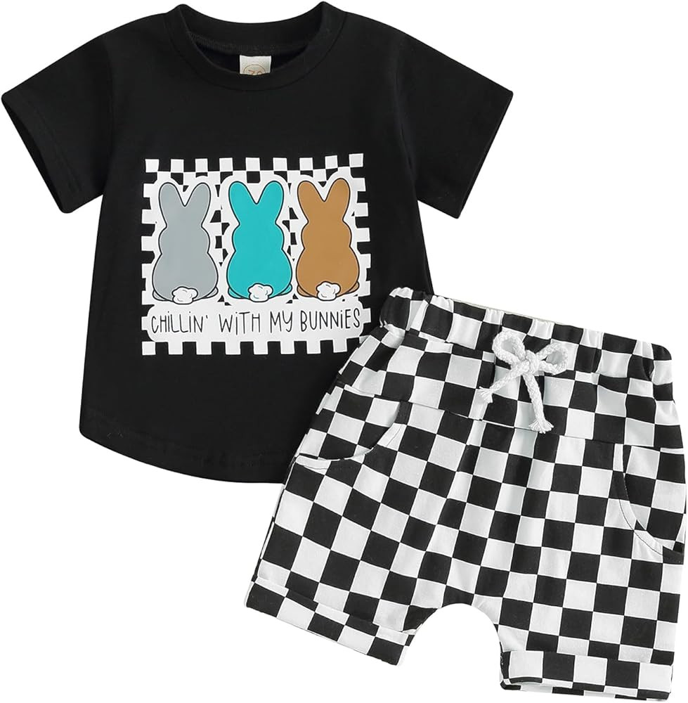 Toddler Baby Boy Easter Clothes Bunny Print Short Sleeve T-Shirt Top Checkerboard Shorts 2Pcs Sum... | Amazon (US)