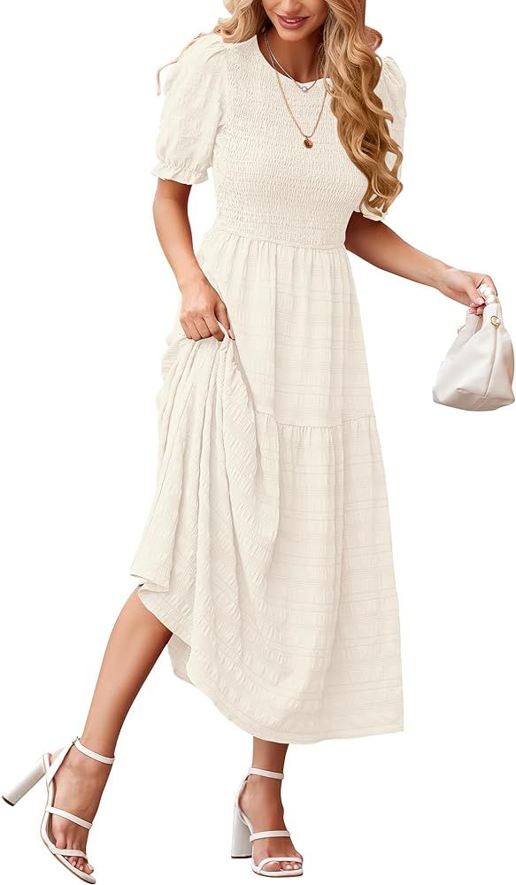 dowerme Women Summer Dresses 2024 Casual Puff Short Sleeve Crewneck Smocked Flowy Ruffle Boho Bea... | Amazon (US)