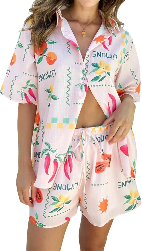 Cathery Women 2 Piece Beach Outfit Short Sleeve Button Down Shirt Top and Shorts Summer Casual Lo... | Amazon (US)