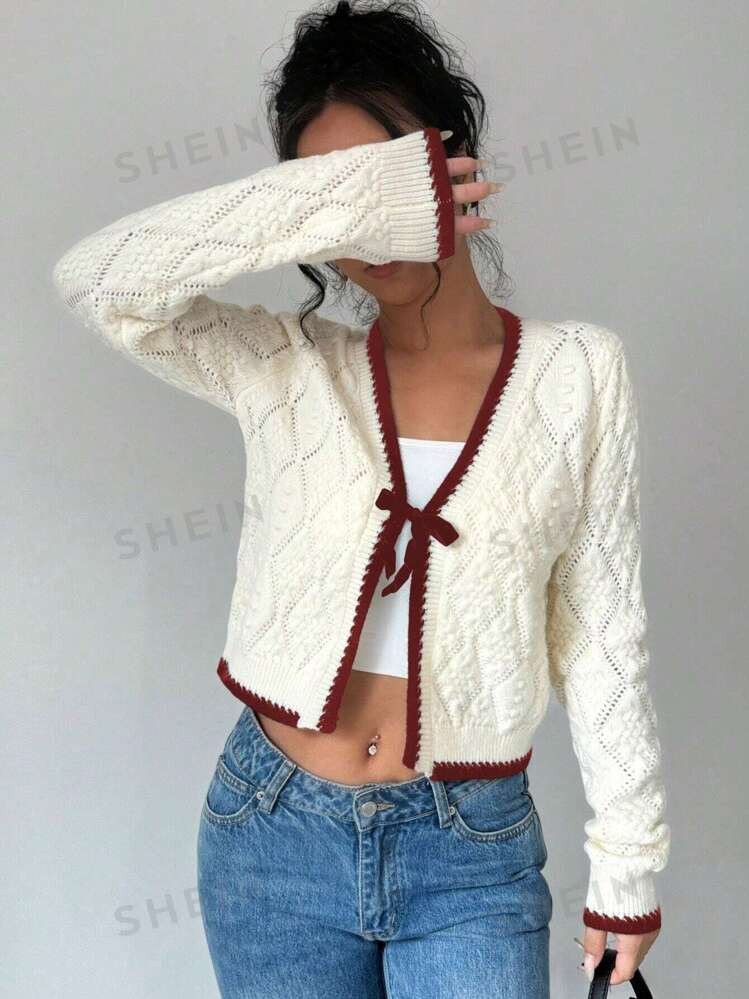 SHEIN Essnce French Casual All-Match Diamond Jacquard Knit Long Sleeve Pullover | SHEIN