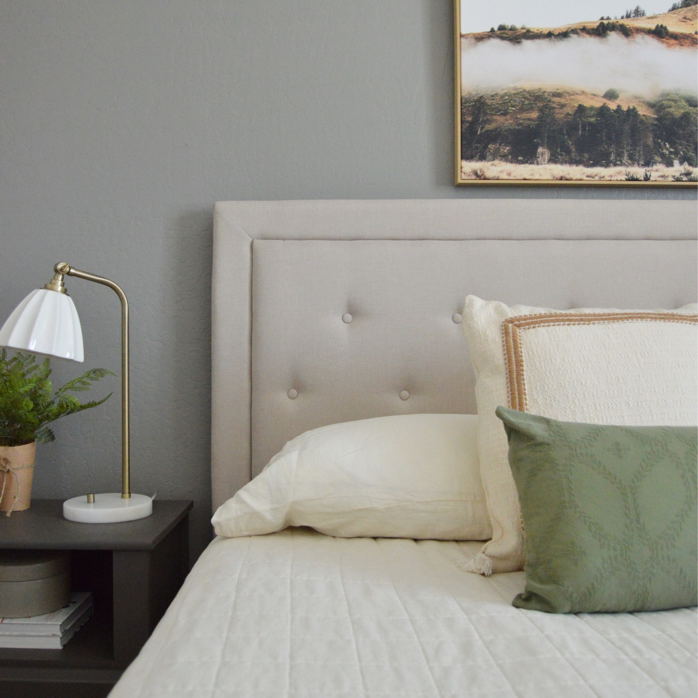 Bedroom makeover including a quilt, wall art, table lamp, throw pillows, faux plant, bed frame, and more! #bedroommakeover #throwpillows 

#LTKHome #LTKFindsUnder50 #LTKFindsUnder100