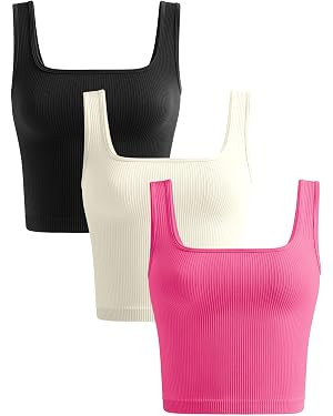 OLCHEE Womens 3 Pack Crop Tank Tops Basic Seamless Ribbed Sleeveless Square Neck Workout Top Summ... | Amazon (US)