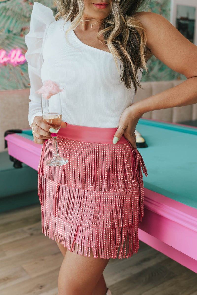 Center Of Attention Faux Leather Studded Fringe Skirt- 3 Colors | Apricot Lane Boutique
