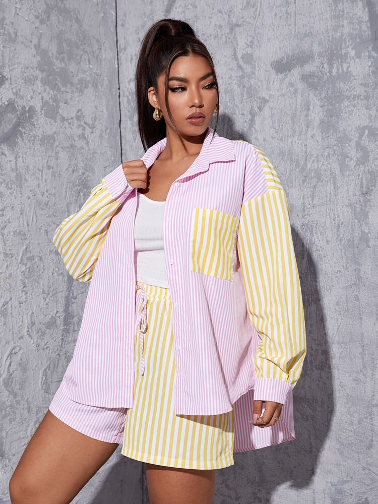 SHEIN Plus Colorblock Vertical Stripe Drop Shoulder Blouse & Knot Front Shorts | SHEIN