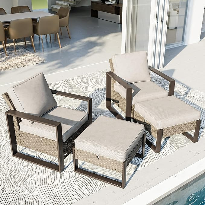 4 Piece Patio Furniture Set, Outdoor Wicker Chair and Ottoman, Metal Patio Furniture with Deep Se... | Amazon (US)