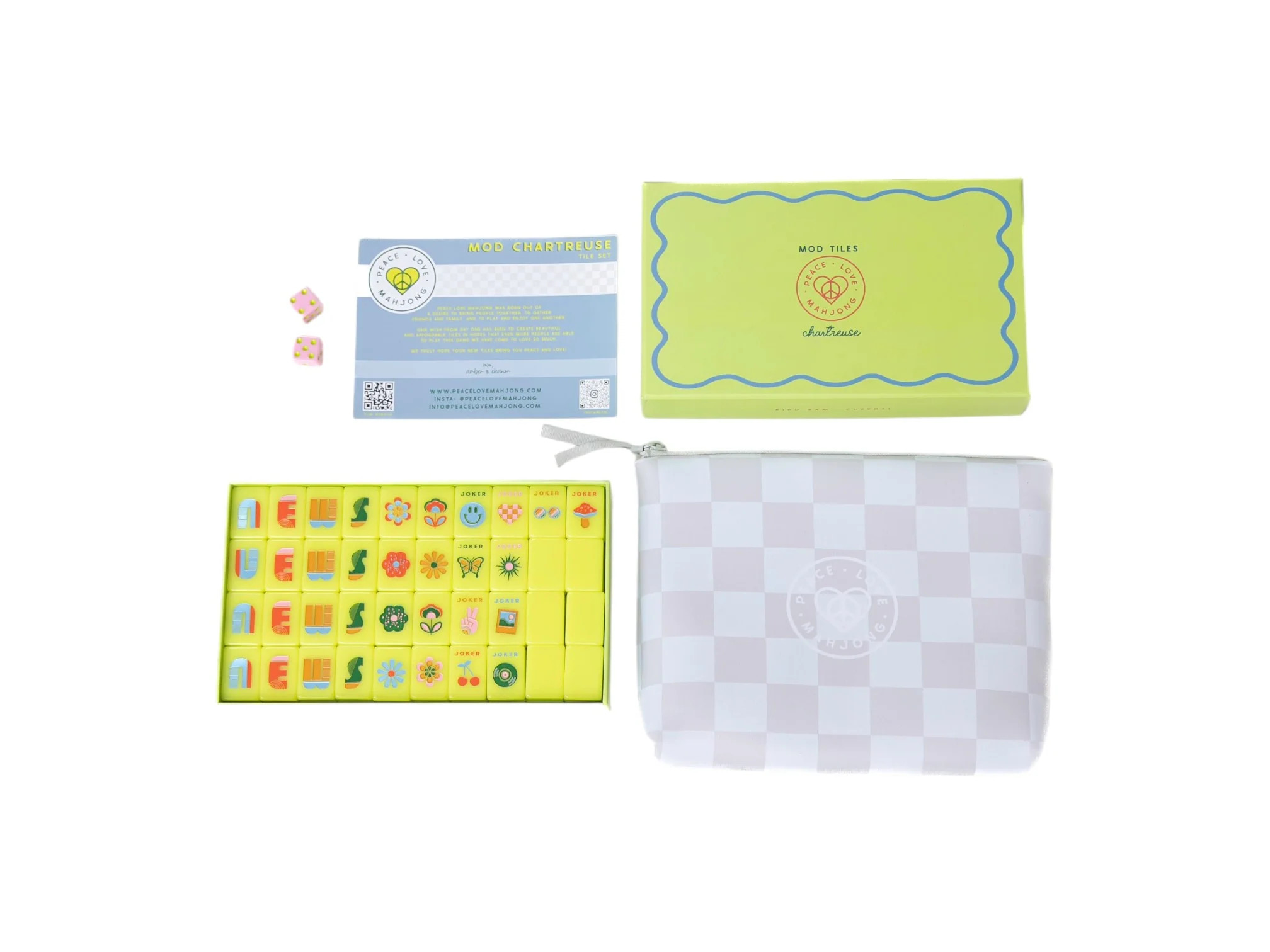 Mod Chartreuse Mahjong Tiles + Tile Pouch + Dice | Peace Love Mahjong