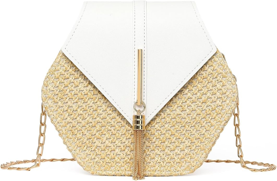 GOIACII Straw Women's Crossbody Bag Summer Shouler Small Purse Beach Bag with Metal Chain Tassel | Amazon (US)