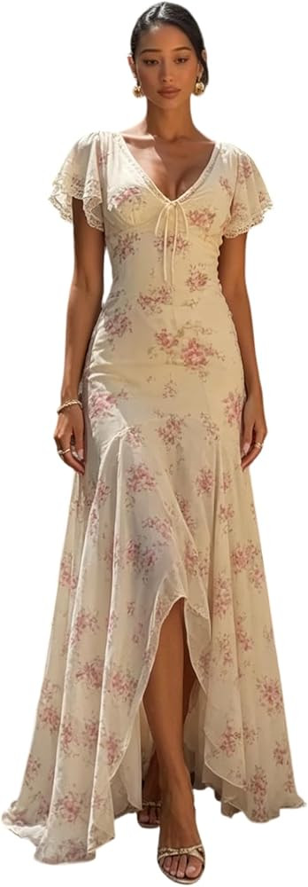 Women's Floral Print Flowing Sleeves Sexy V-Neck Waist Cinch Pleated Maxi Dress | Amazon (US)