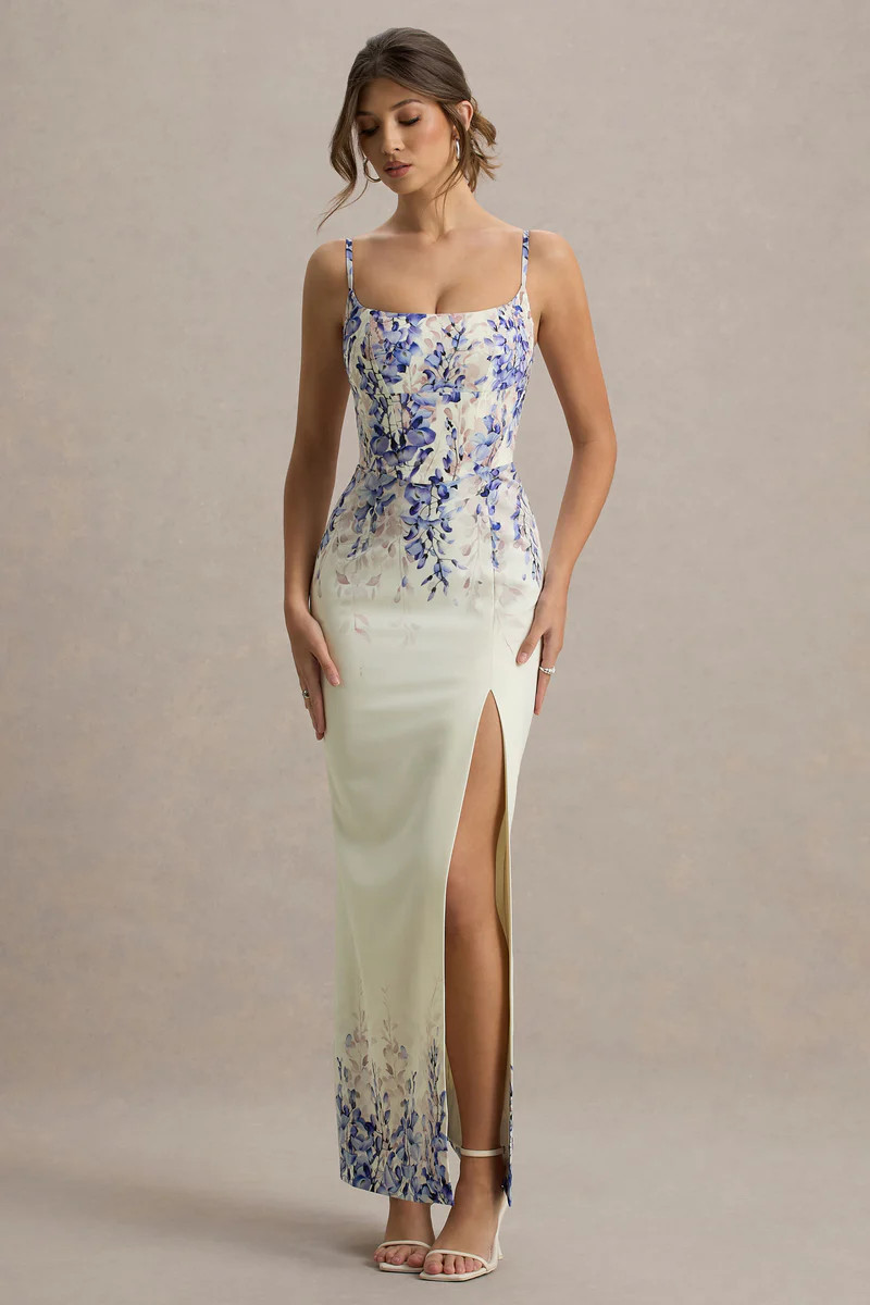 Lupita  Purple Floral Print Linen Split Maxi Dress | Club L London