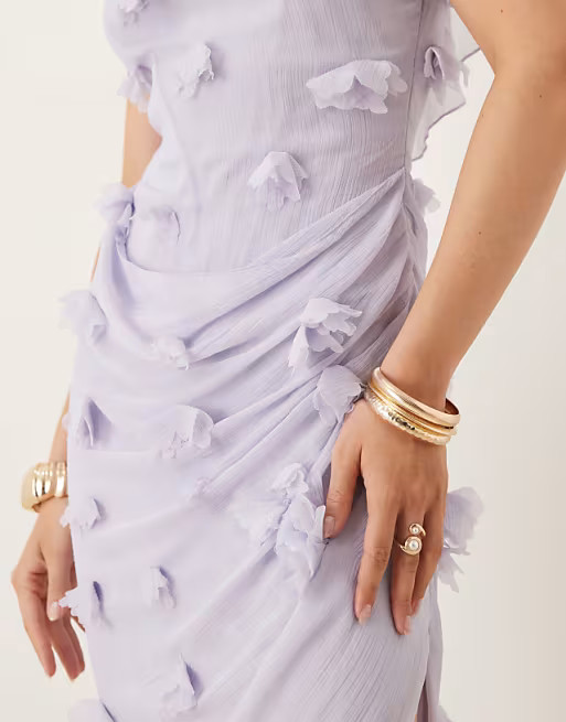 ASOS DESIGN 3D flower draped ruffle sleeve midaxi dress with open back in lilac | ASOS (Global)