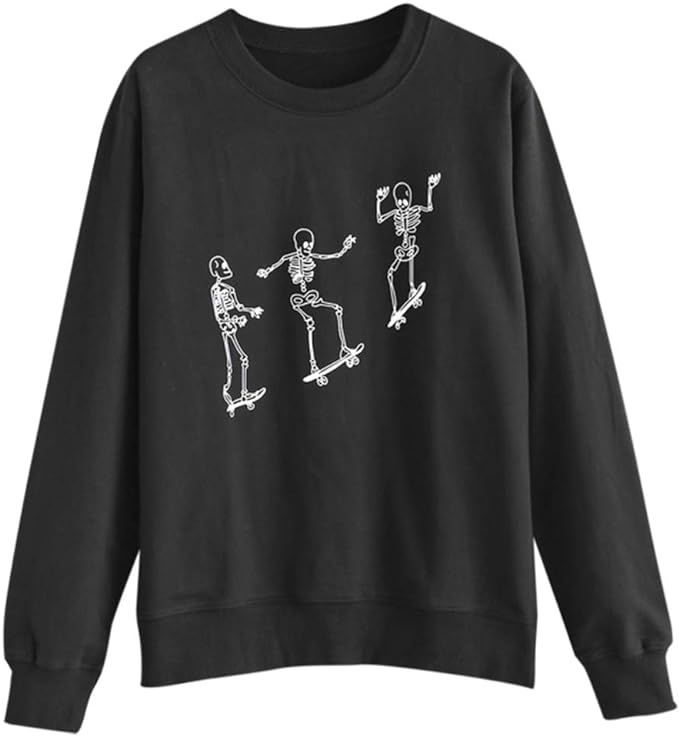 ZAFUL Women's Halloween Skeleton Print Long Sleeve Pullover Sweatshirt Hoodie Tops | Amazon (US)