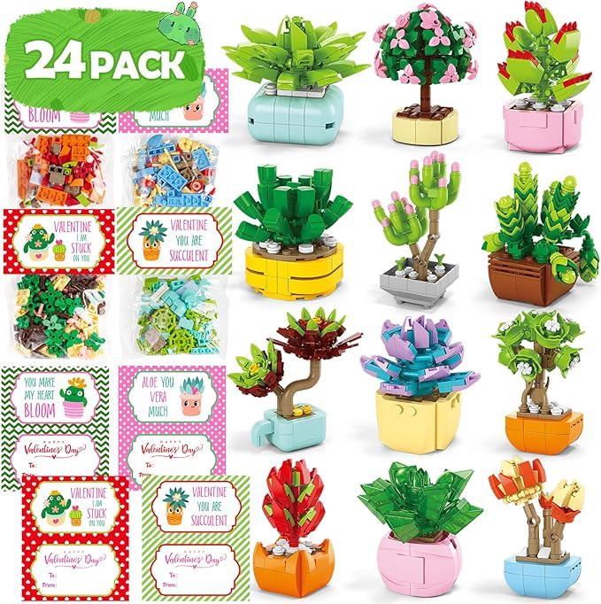 Partylamb Valentines Day Gifts for Kids - 24 Packs Succulents Building Blocks with Valentines Day... | Amazon (US)