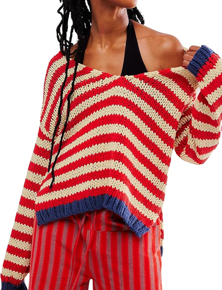 Athlisan Womens Oversized Long Sleeve Knitwear Deep V Neck Casual Striped Pullover | Amazon (US)