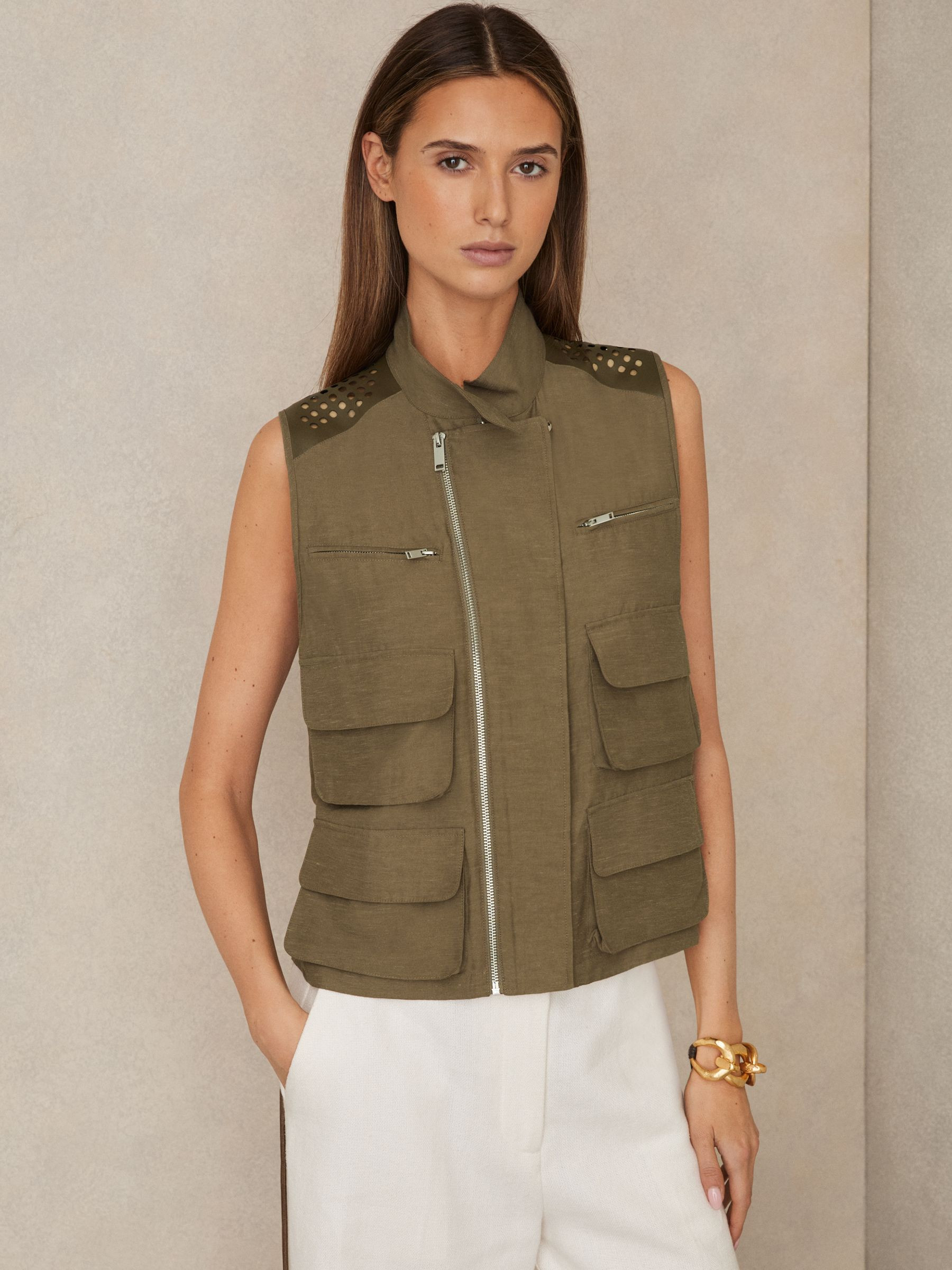 Reiss Cargo-Pocket Laser-Cut Gilet With Linen in Khaki | REISS | Reiss US