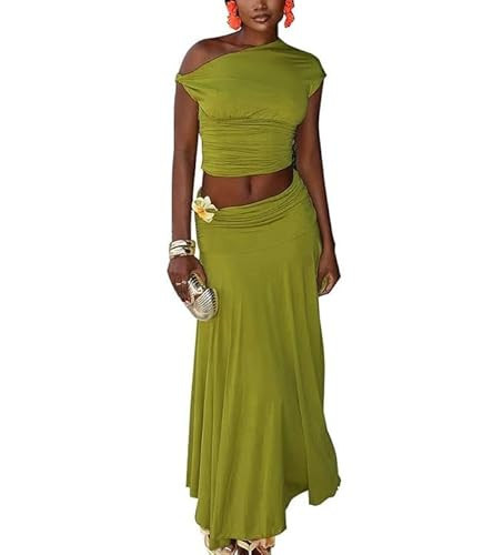 VOIKERDR Maxi Skirt Sets for Women Off Shoulder Crop Top and Solid Color Flowy Long Skirt Vacation Outfits | Amazon (US)