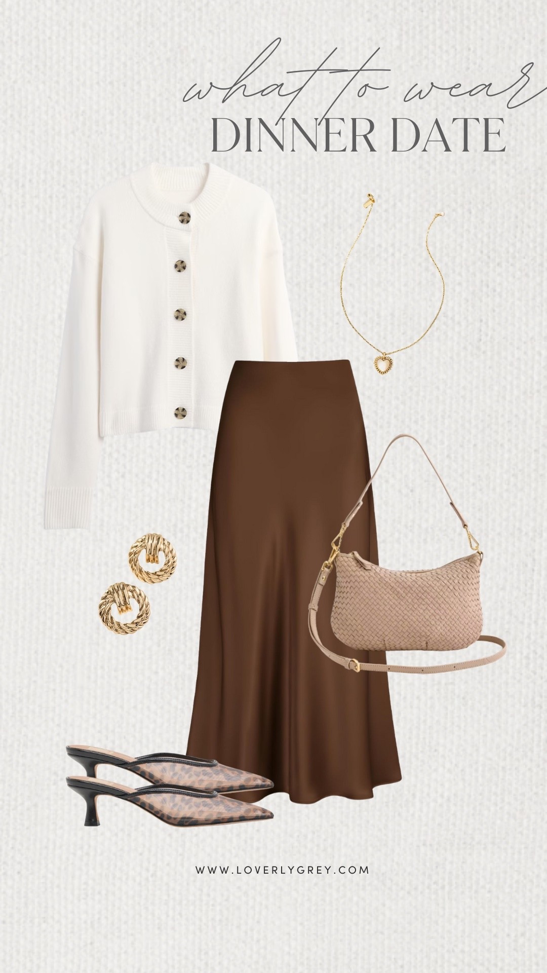 Loverly Grey, what to wear, dinner date! I am loving this white button down cardigan paired with a brown skirt and cheetah print heel. I paired the look with a simple necklace, a pair of earrings, and a cute quince purse! Loverly Grey, what to wear, dinner date

#LTKgrwm #LTKSeasonal #LTKootd