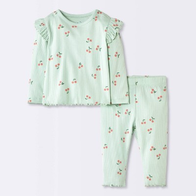 Baby Girls' 2pc Cherry Fruit Ruffle Long Sleeve T-Shirt and Leggings Set - Cloud Island™ Light Mint Green 12M | Target