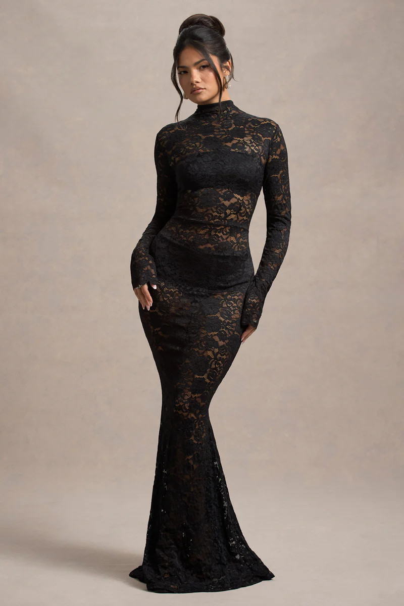 Delevingne | Black Lace Sheer Long-Sleeve Maxi Dress | Club L London