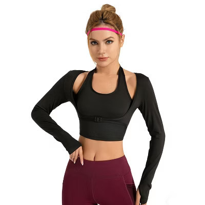 Women's Fake Two-Piece Long Sleeve Cropped Sports Top Gym Yoga Activewear with Hollow-Out Design Black XL | Target
